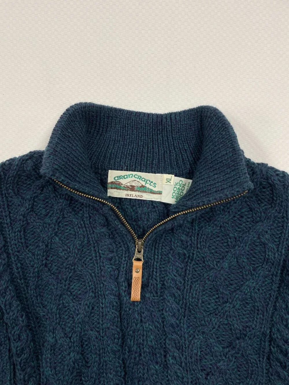 Aran Crafts Blue Merino Wool Cable Knit Half Zip Fisherman Irish Sweater Mens XL